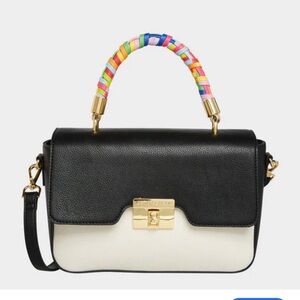 Black and White Handbag with Multicolor Handle